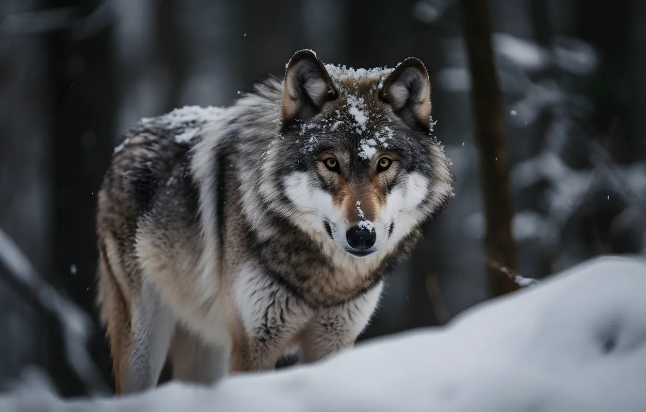 Photo wallpaper winter, forest, look, face, snow, nature, rendering, wolf