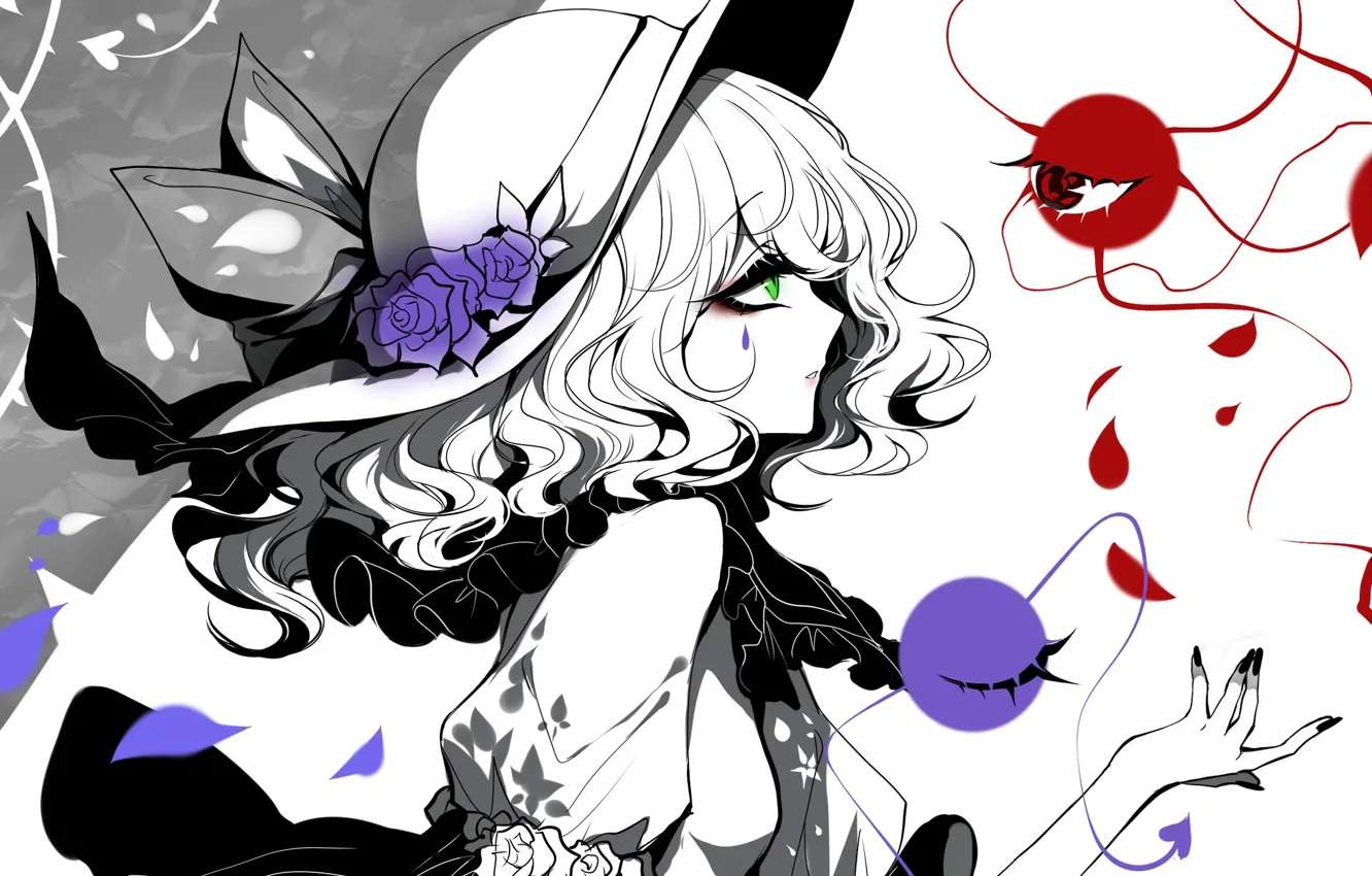 Photo wallpaper eyes, girl, roses, hat, Monochrome, Touhou, Koishi Komeiji, Touhou