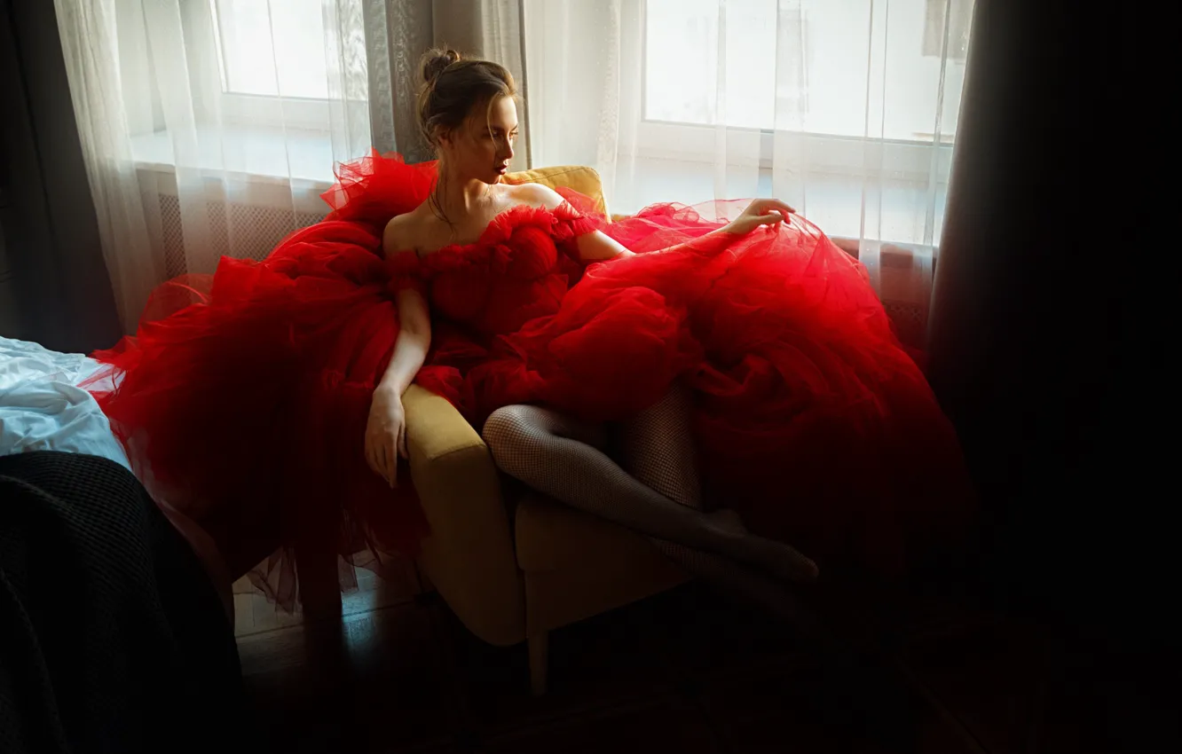 Photo wallpaper dress, model, women, window, brunette, bed, sitting, couch