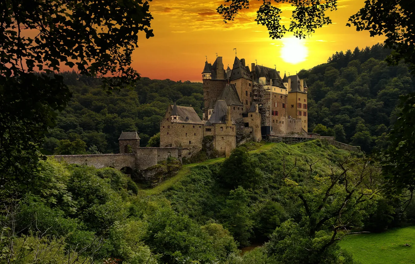 Photo wallpaper forest, the sun, sunset, castle, ELTZ, Eltz Castle, Germany •