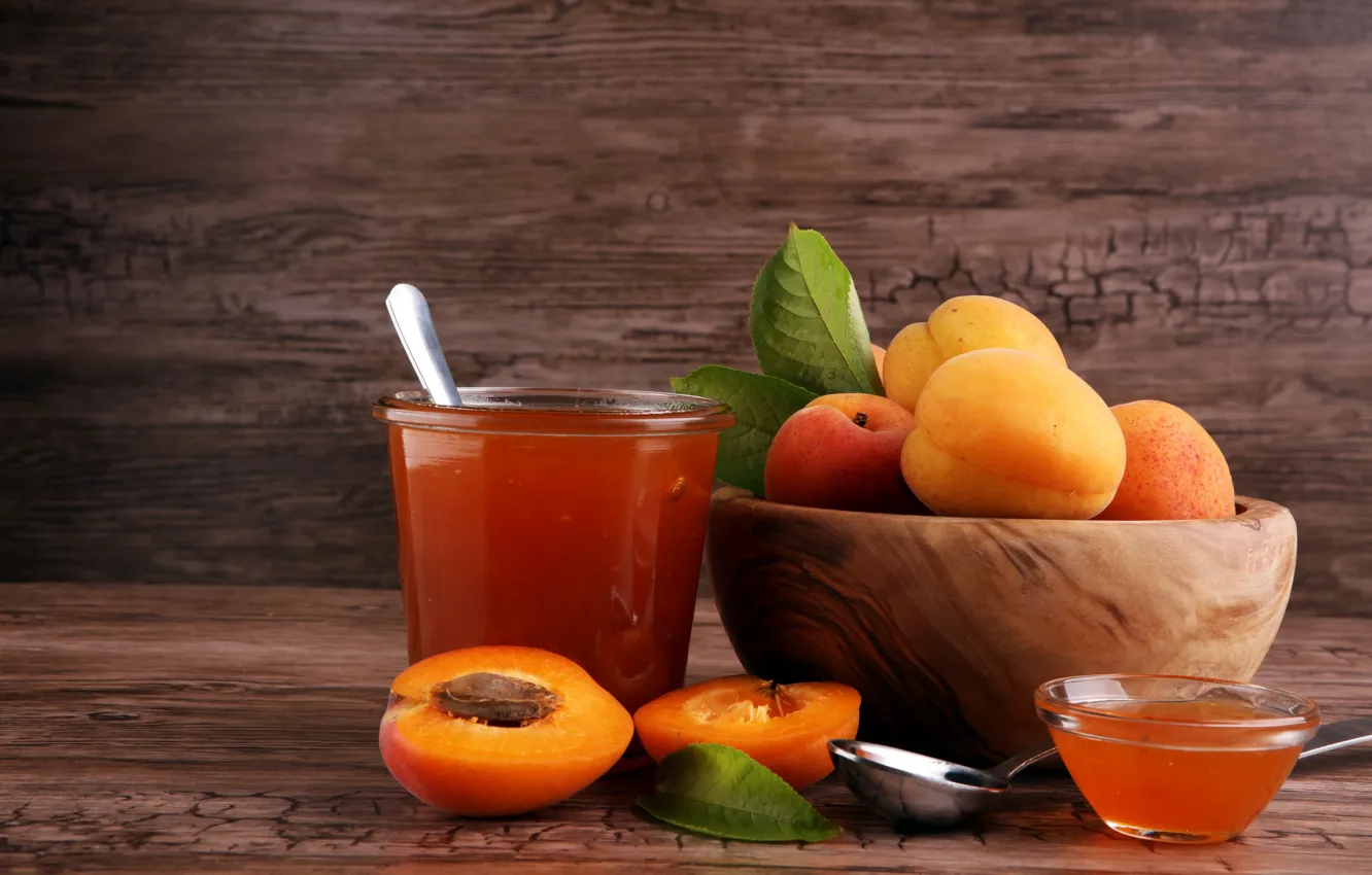Photo wallpaper background, spoon, apricot, leaves, apricot jam
