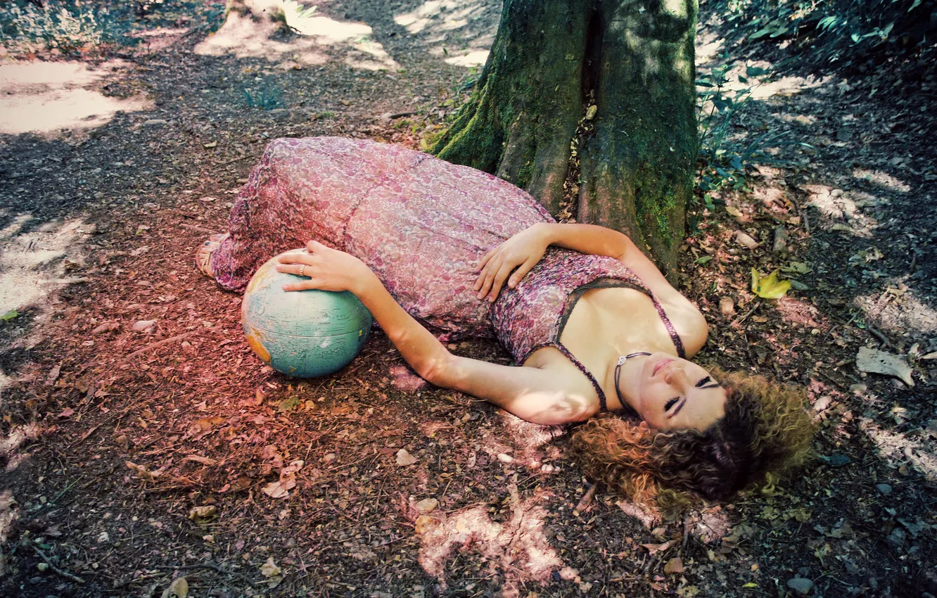 Photo wallpaper forest, girl, earth, globe