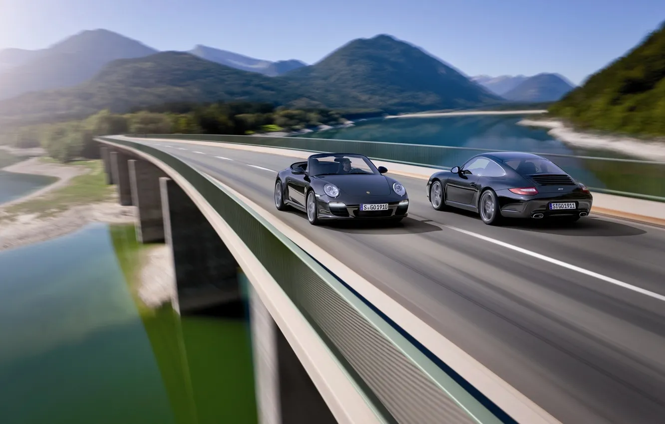Photo wallpaper road, machine, landscape, bridge, view, speed, Porsche, cars