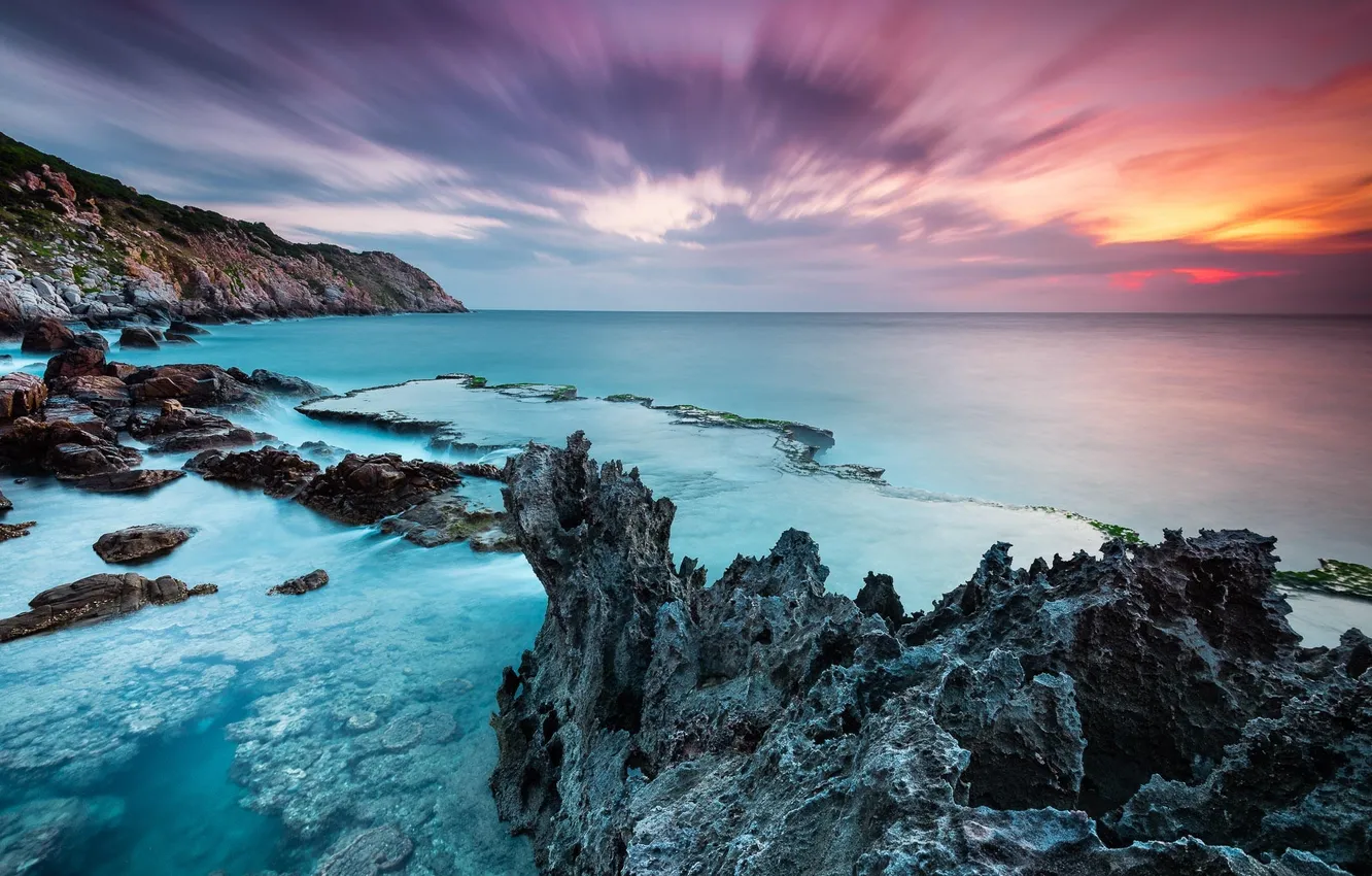 Photo wallpaper sea, landscape, rocks, dawn