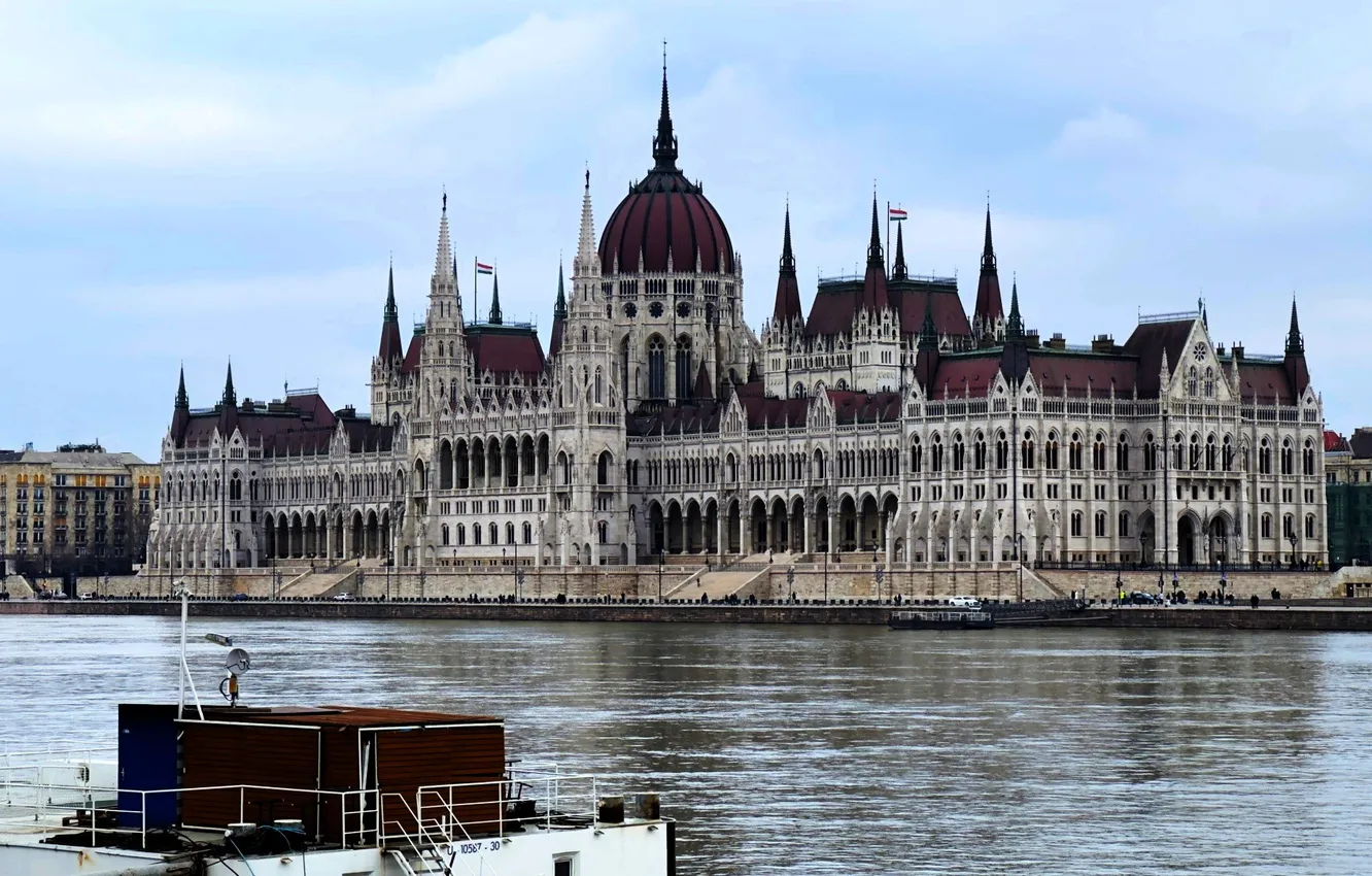 Photo wallpaper river, building, boat, Parliament, Hungary, Budapest