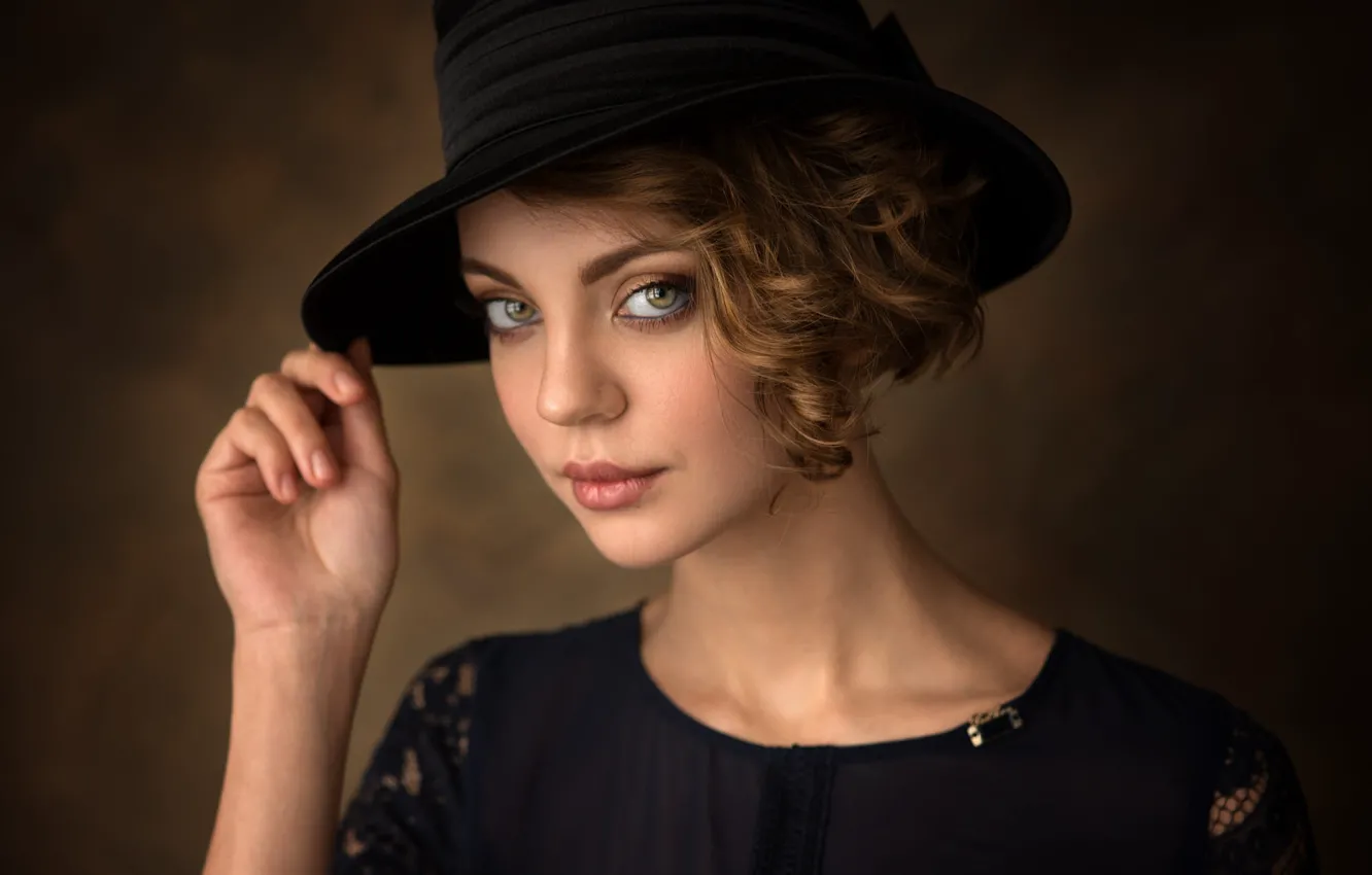 Photo wallpaper look, girl, portrait, brown hair, hat, Dennis Drozhzhin, Denis Drozhzhin