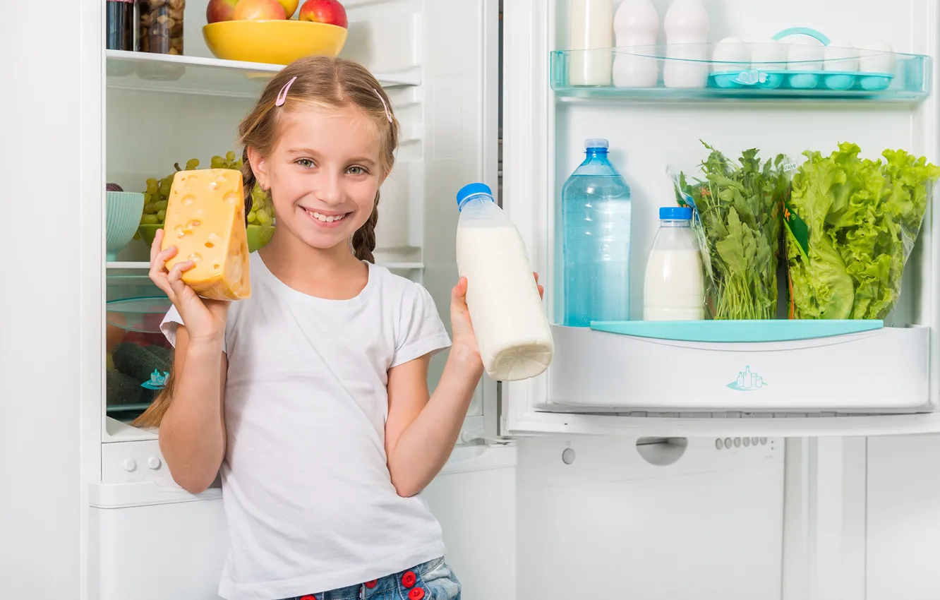 Photo wallpaper smile, cheese, milk, refrigerator, girl, products