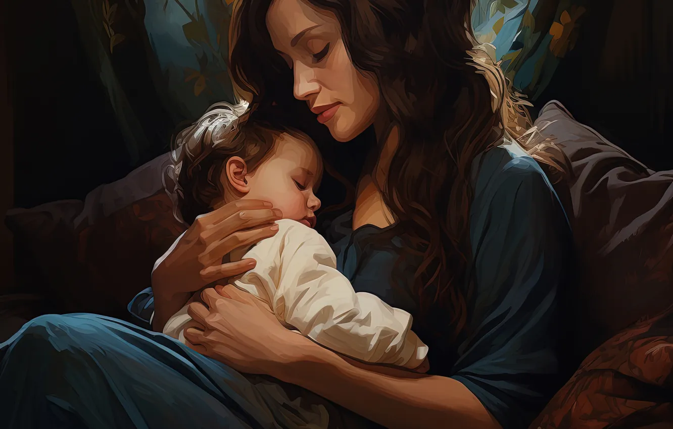 Photo wallpaper girl, love, children, boy, two, mom, digital art, AI art