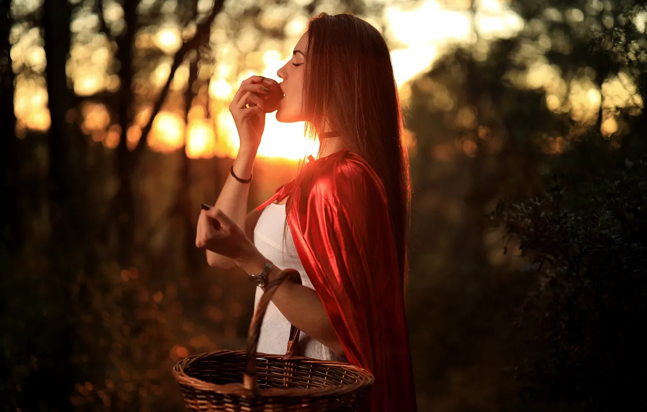 Photo wallpaper girl, sunset, nature, pose, basket, hair, apples, bokeh
