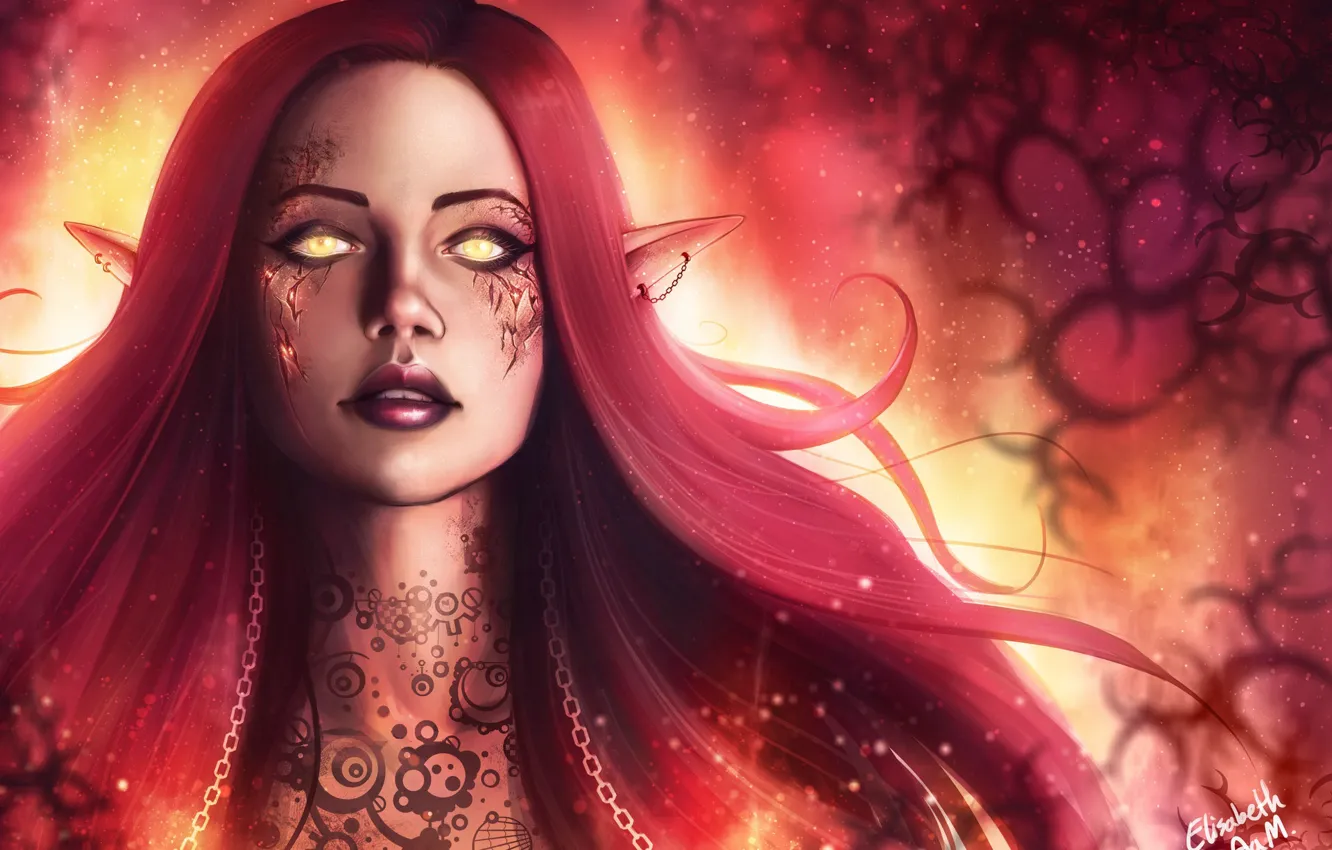 Photo wallpaper Girl, Face, Eyes, Elf, Tattoo, Fantasy, Tattoo, Elf