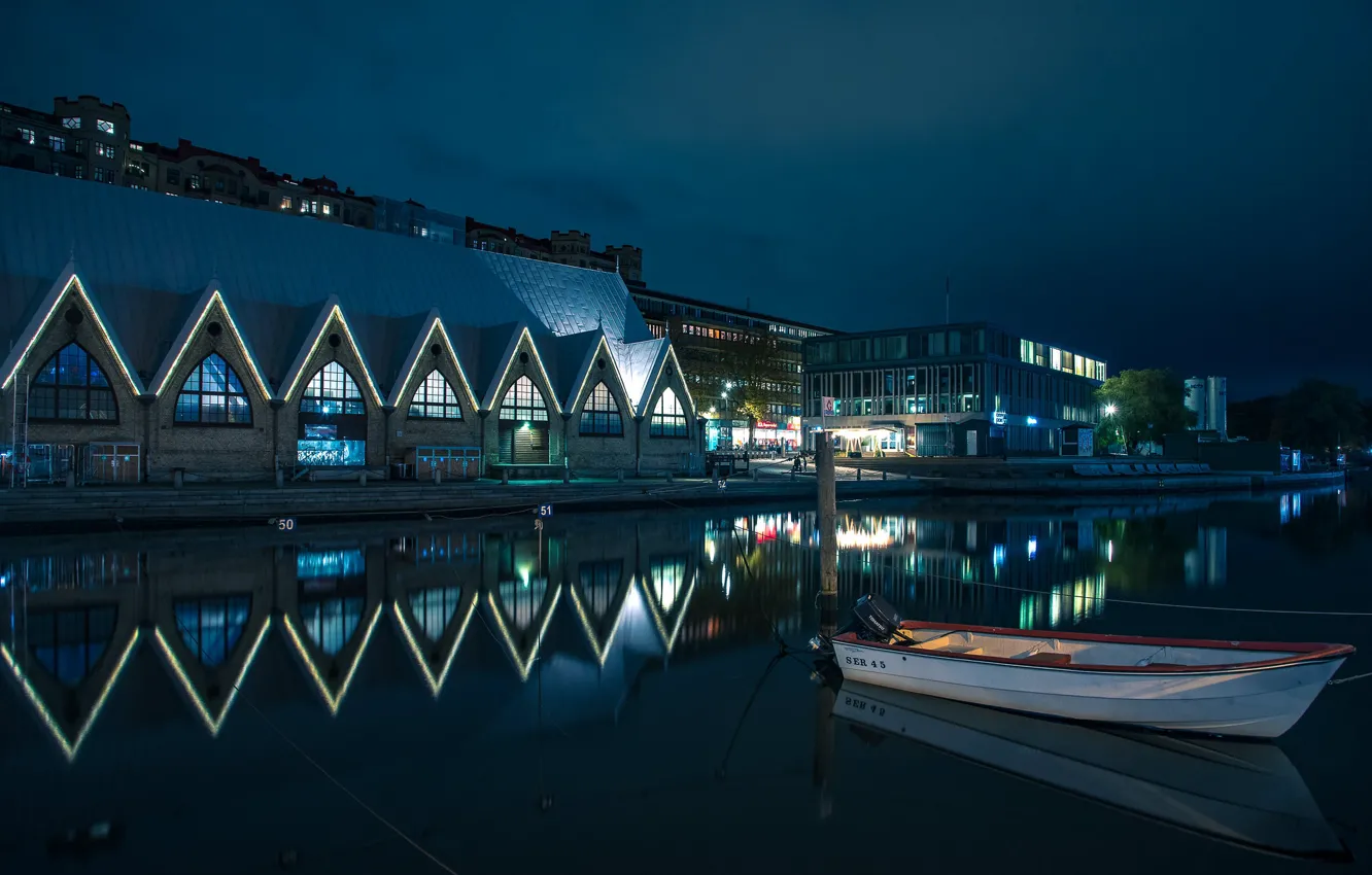 Photo wallpaper lights, boat, the evening, Sweden, Gothenburg
