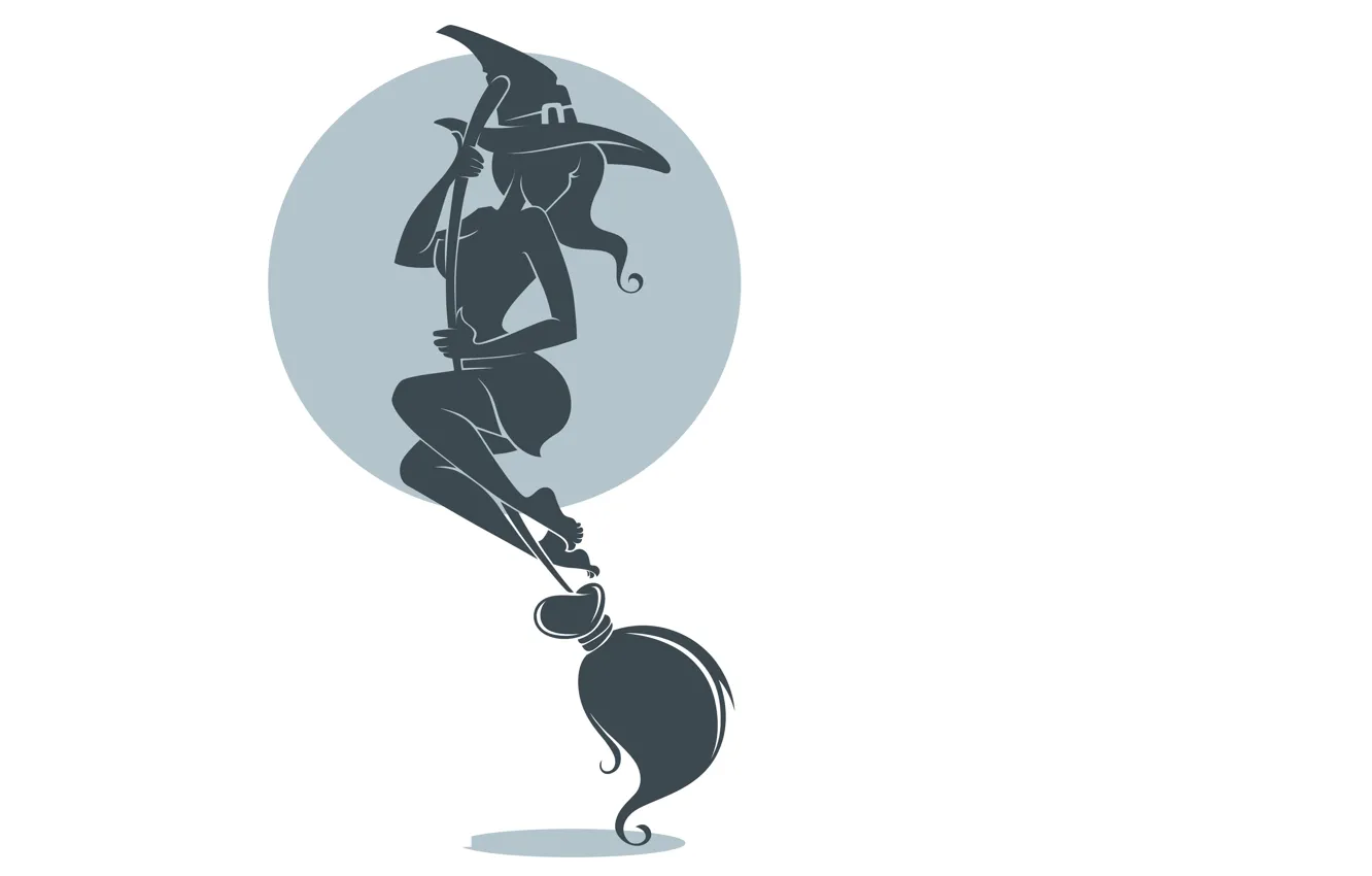 Photo wallpaper look, minimalism, hat, silhouette, white background, witch, broom, halloween