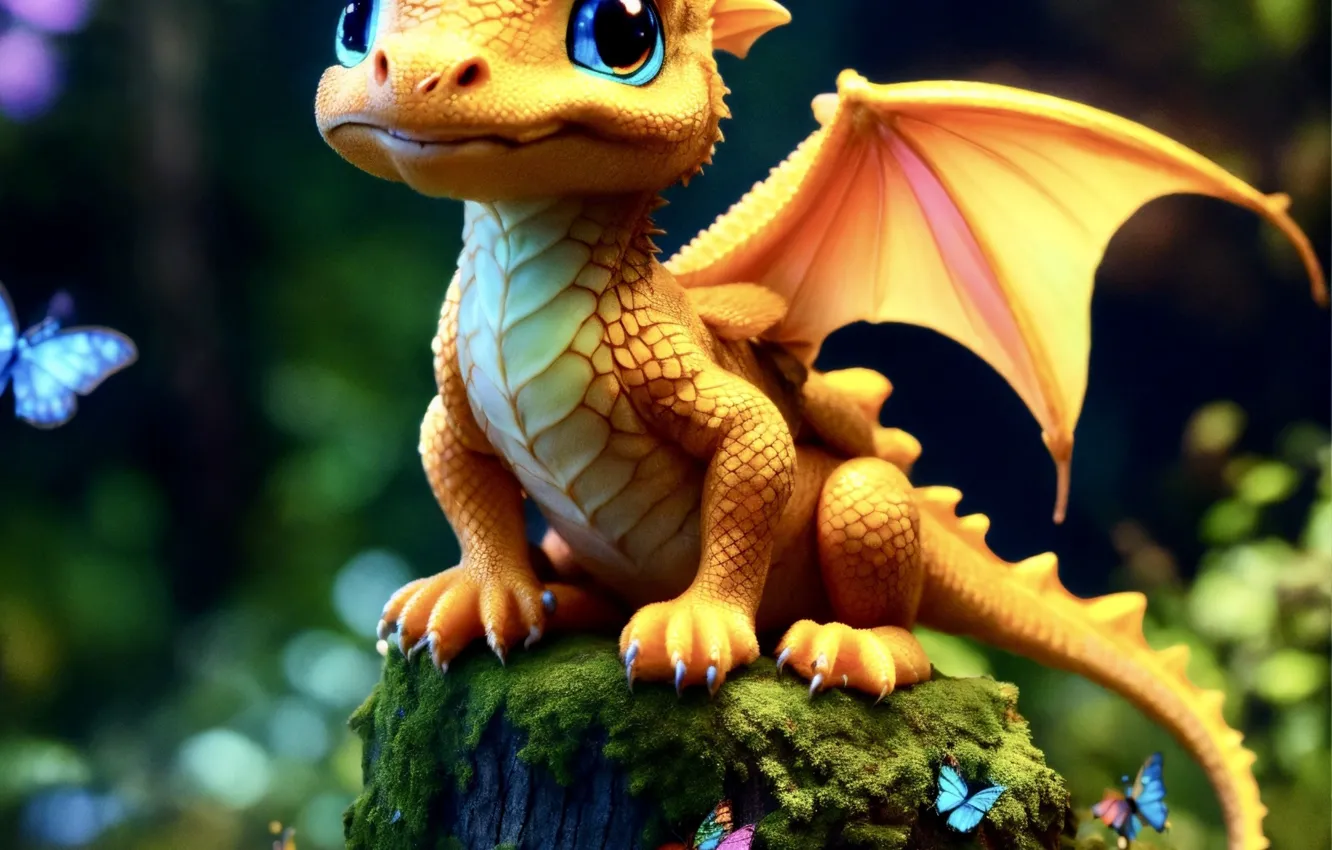 Photo wallpaper yellow, butterfly, dragon, moss, stump, gold, cub, face