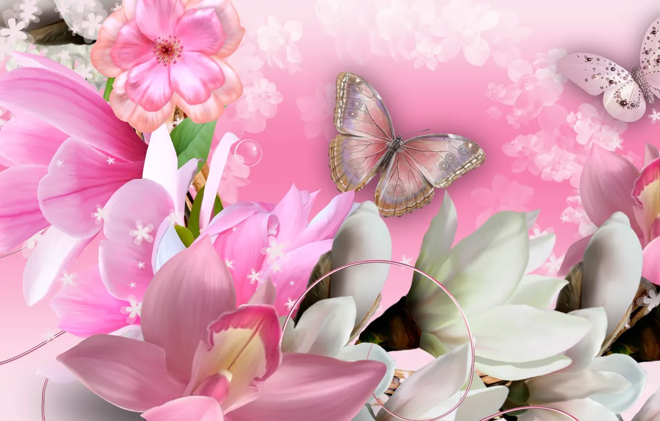 Photo wallpaper flowers, collage, butterfly, petals, orchids