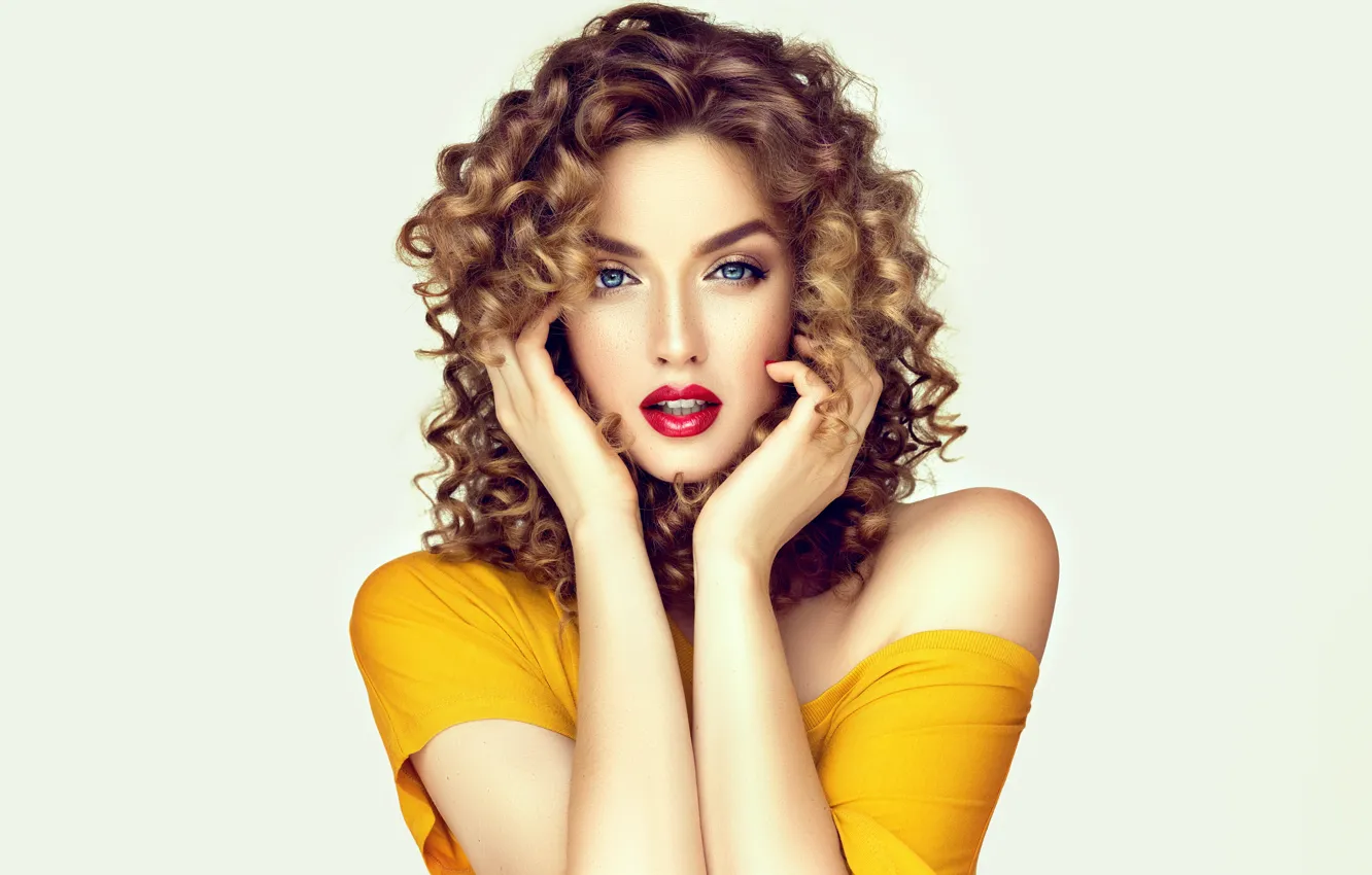 Photo wallpaper girl, face, model, hands, makeup, hairstyle, blonde, curls