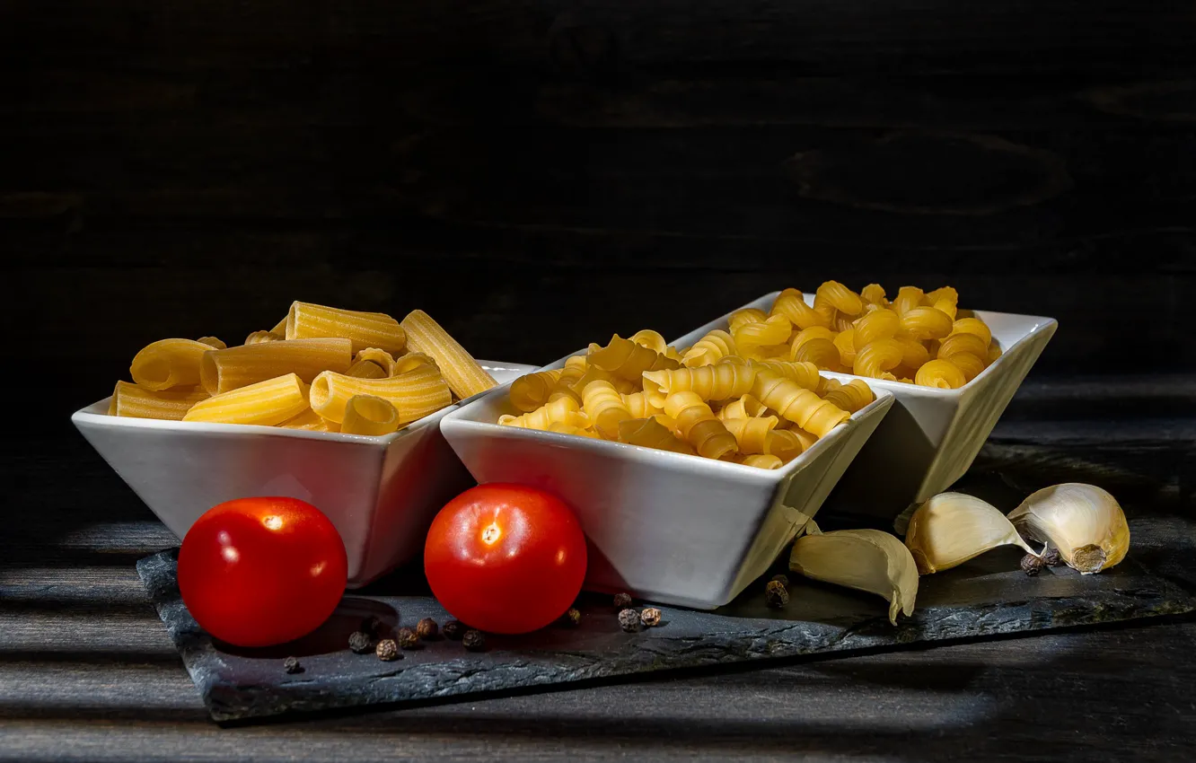 Photo wallpaper table, still life, tomatoes, pasta