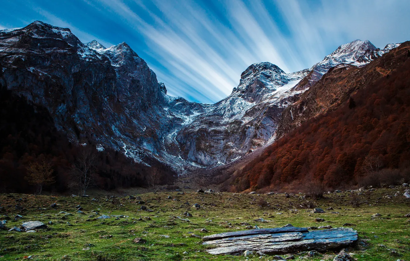 Photo wallpaper forest, the sky, snow, mountains, stones, Wallpaper from lolita777