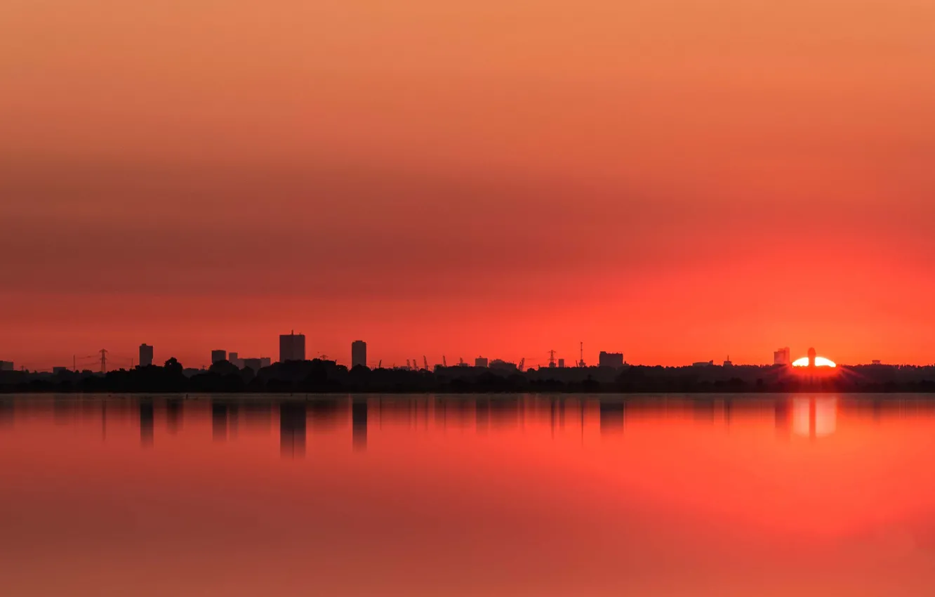 Photo wallpaper the sun, sunset, lake, home, horizon, silhouette, glow