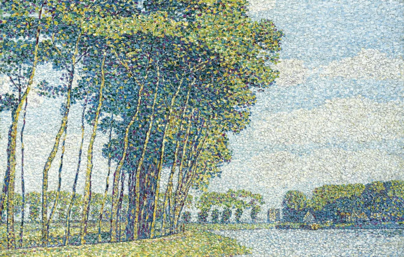 Photo wallpaper landscape, picture, pointillism, Paul Baum, Trees by the Canal, Paul Baum