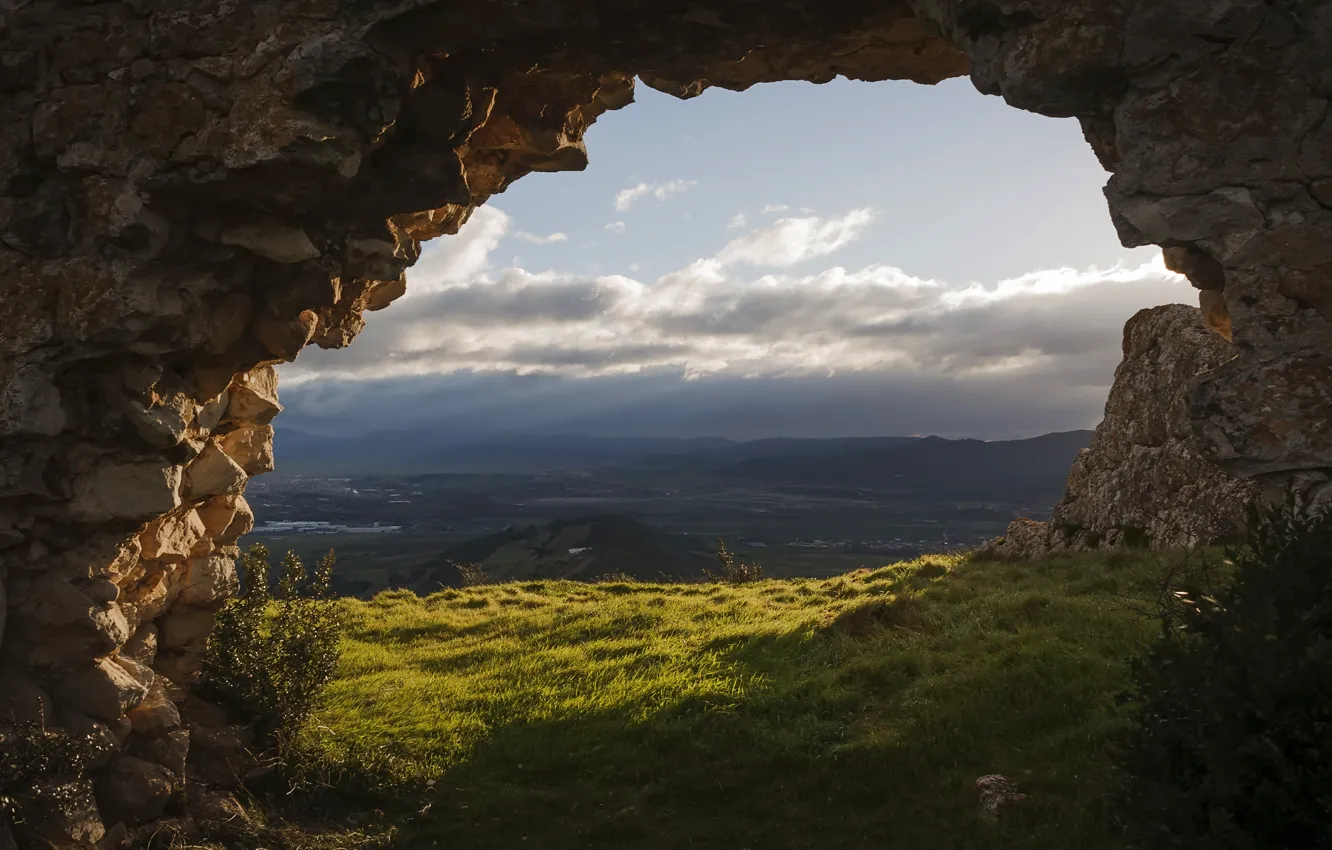 Photo wallpaper summer, the sky, grass, clouds, light, mountains, stones, rocks