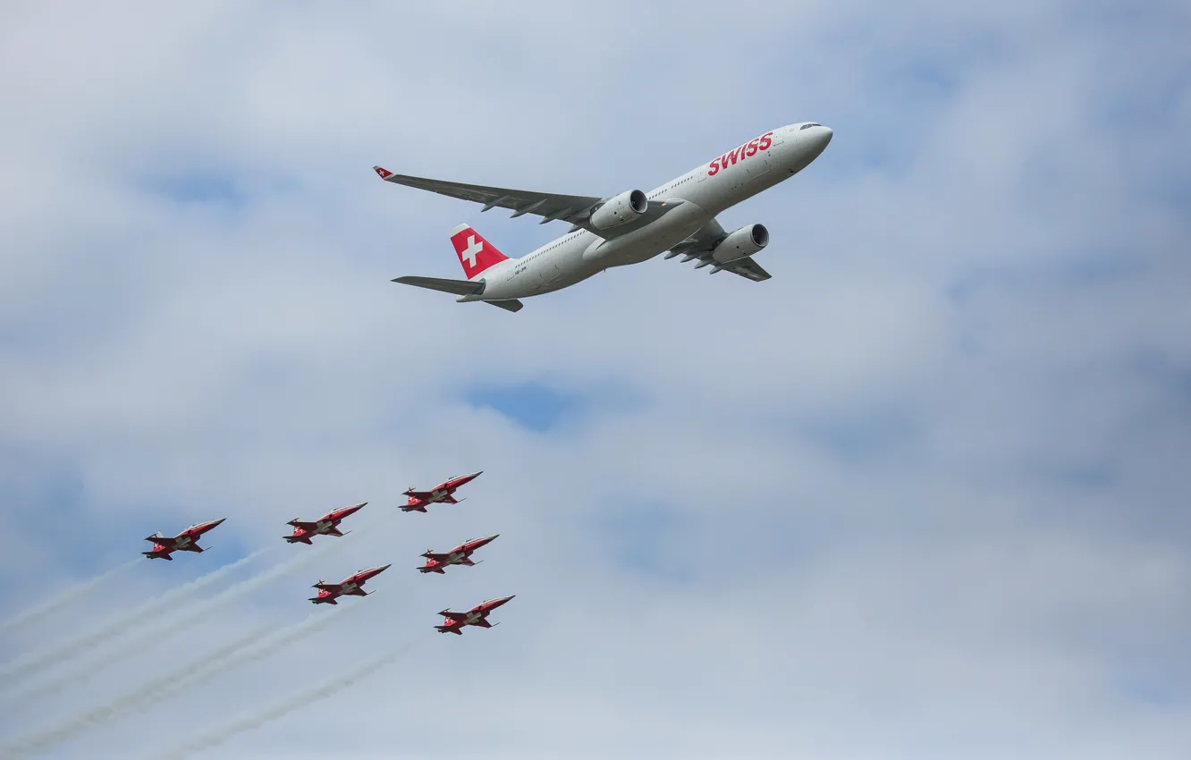 Photo wallpaper the sky, clouds, the plane, Switzerland, parade, Airbus, The A350