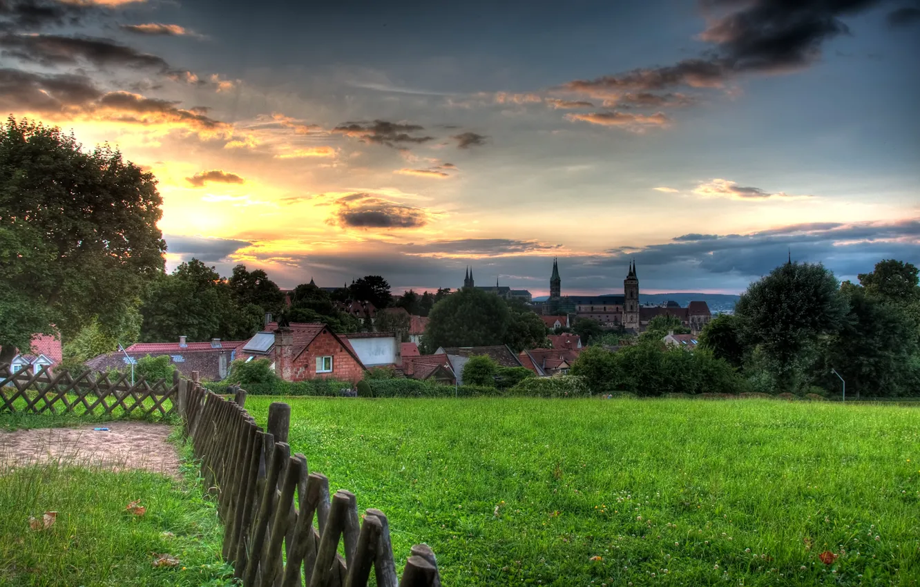 Photo wallpaper grass, clouds, sunset, home, Sunset, Bamberg