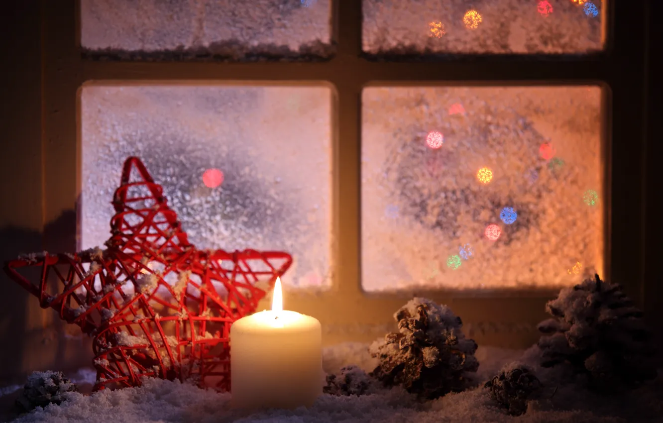 Photo wallpaper winter, stars, snow, red, the evening, candles, window, sill