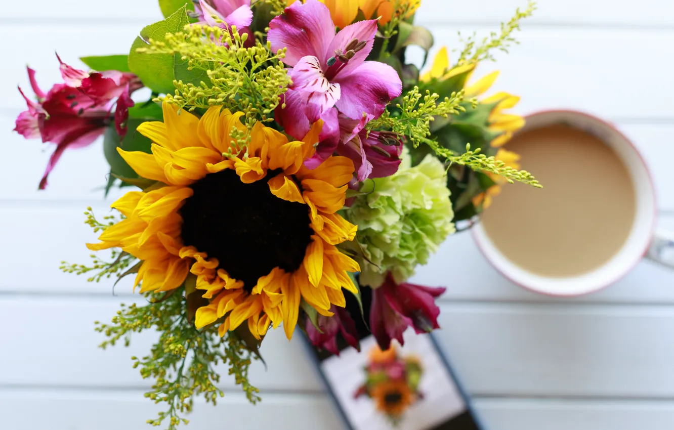 Photo wallpaper sunflowers, flowers, bouquet, mug, white background, drink, different, smartphone