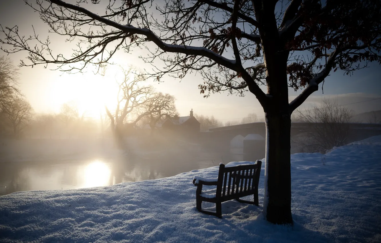 Photo wallpaper winter, landscape, river, morning, bench