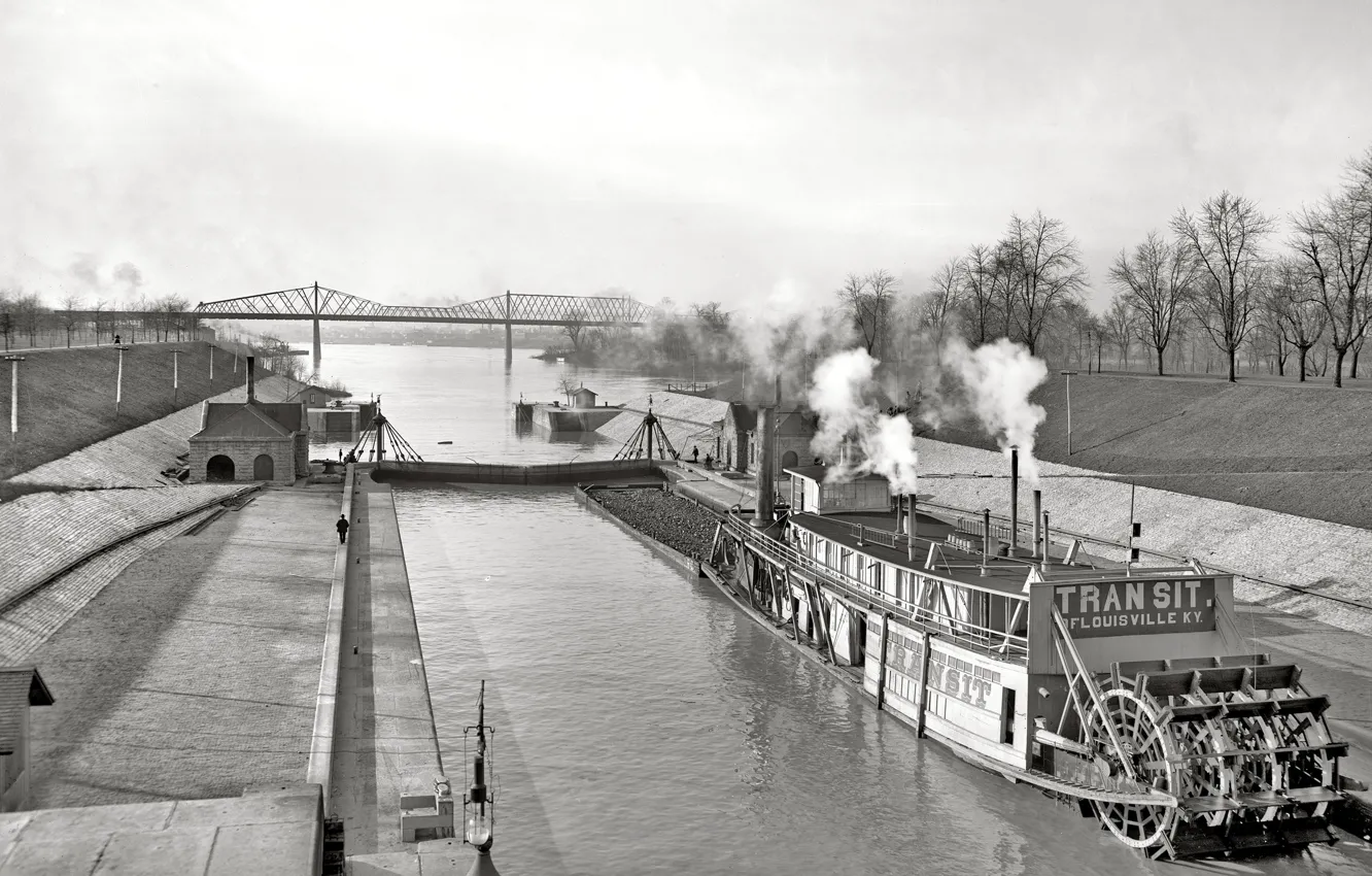 Photo wallpaper landscape, bridge, retro, ship, steamer, channel, USA, 1903-the year
