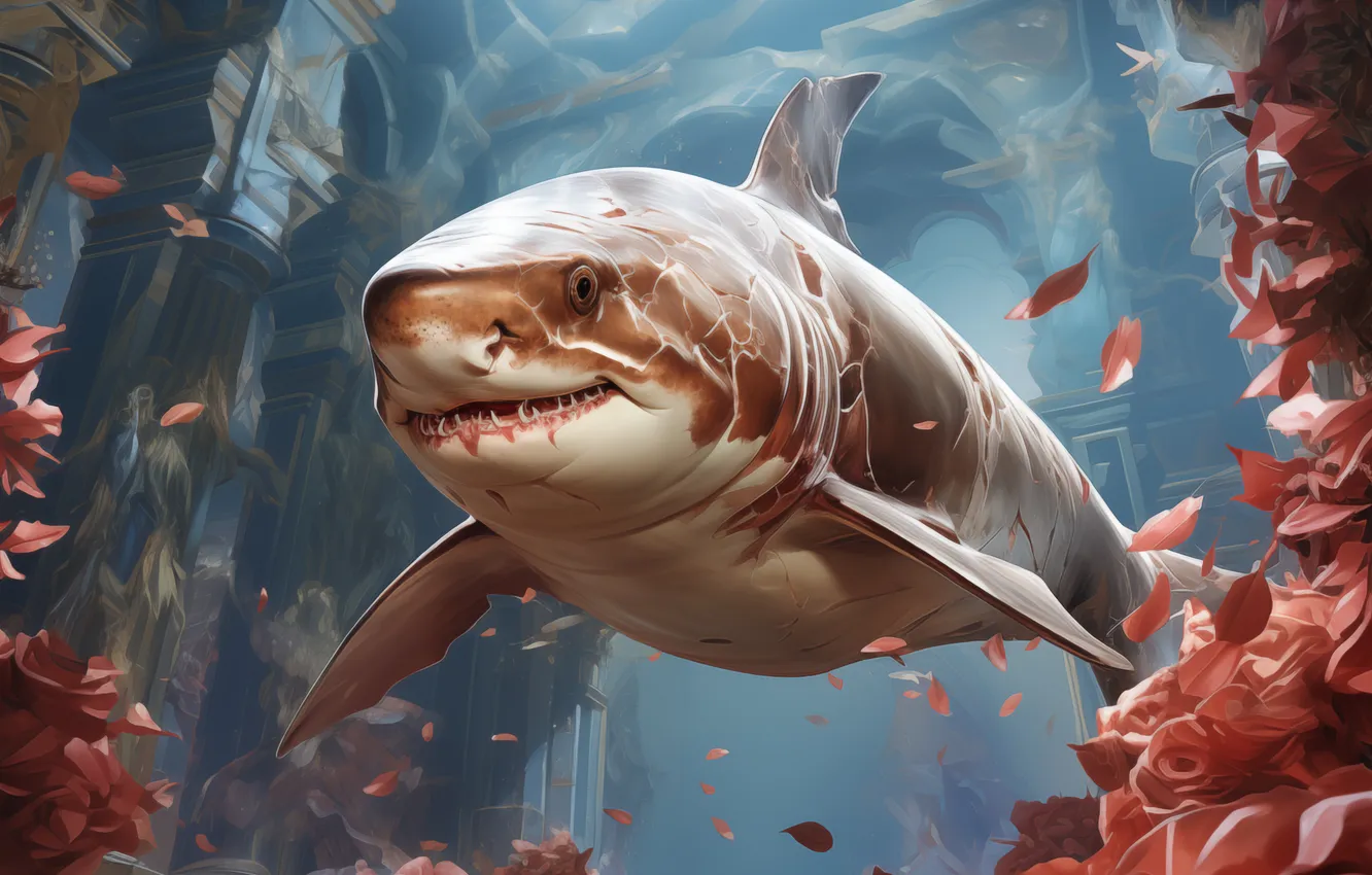 Photo wallpaper building, predator, shark, underwater world, digital art, AI art, The Art of Artificial Intelligence, neural …