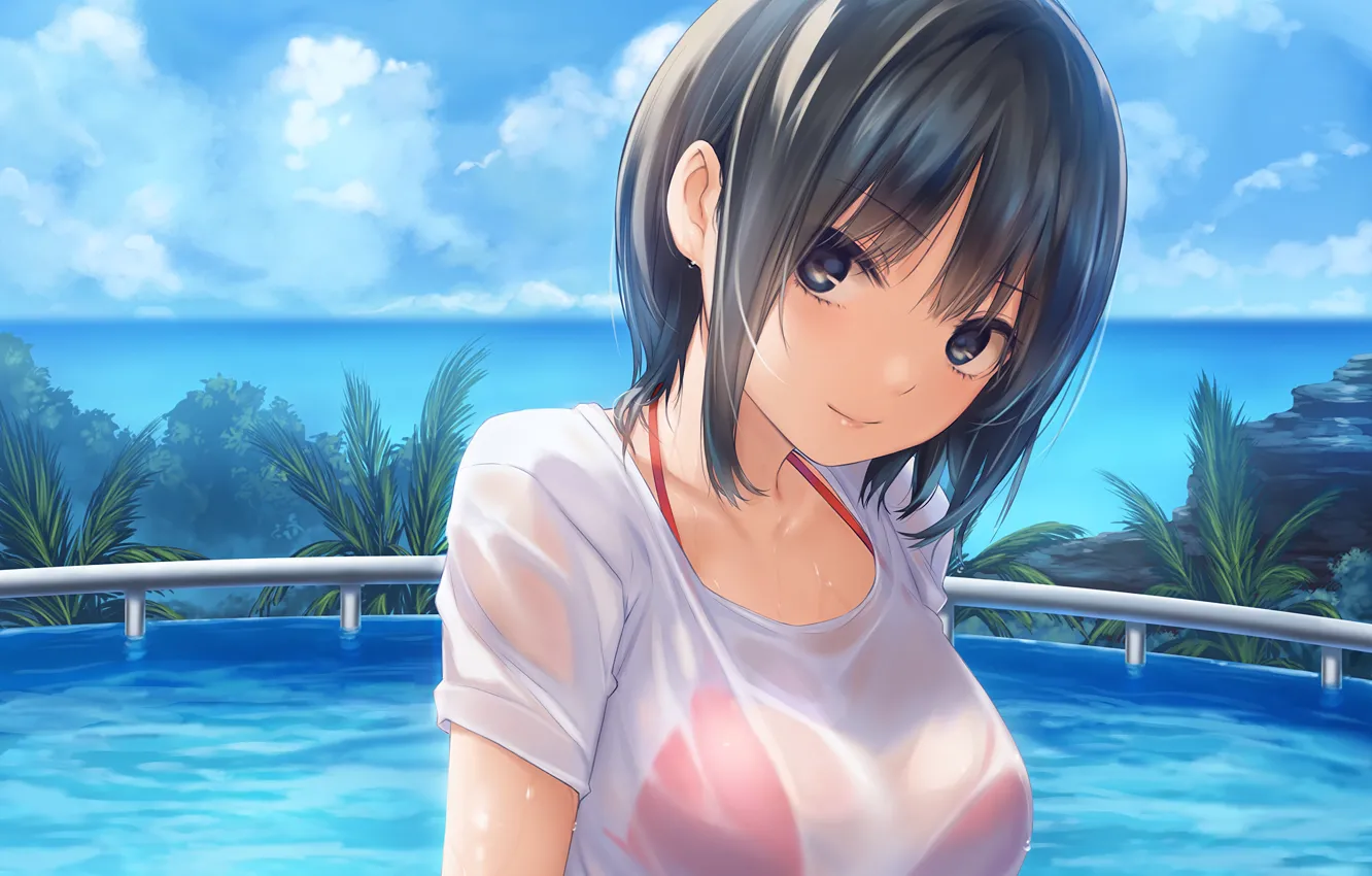 Photo wallpaper girl, sexy, pool, sea, boobs, anime, beautiful, short hair