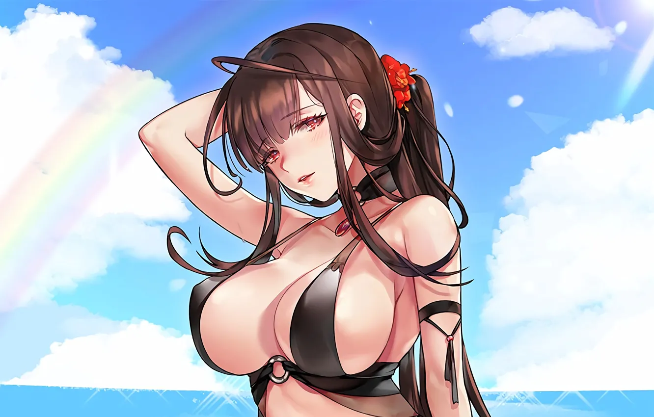 Photo wallpaper girl, sexy, cleavage, long hair, boobs, anime, beautiful, red eyes