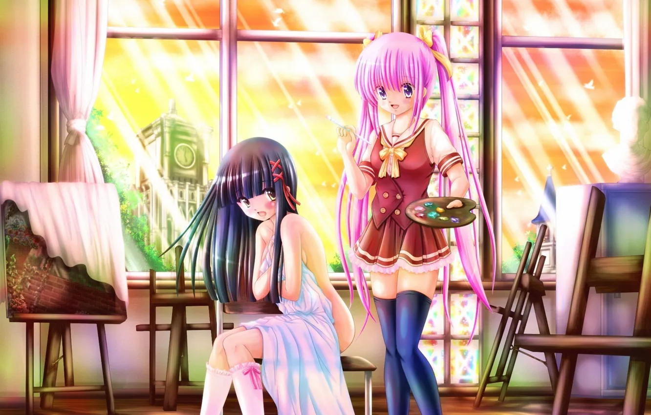 Photo wallpaper the city, paint, window, art, girl, artist, embarrassment, nagano sinya