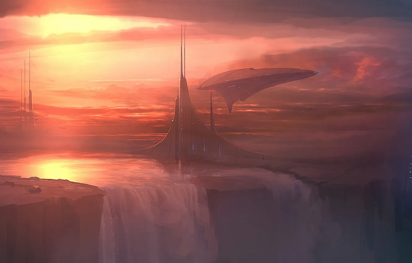 Photo wallpaper ship, building, planet, waterfall, art