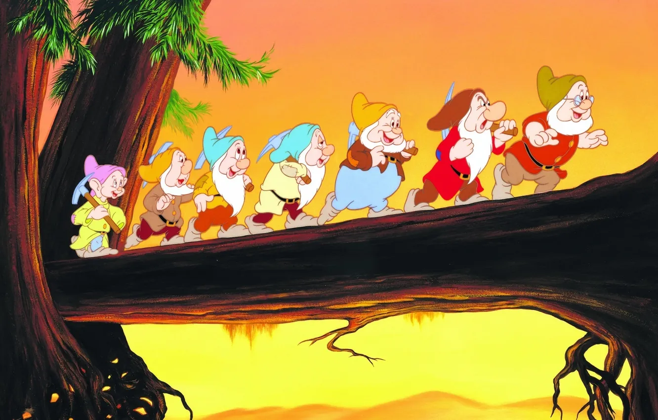 Photo wallpaper trees, cartoon, Disney, dwarf, hike, Disney, Snow White and The Seven Dwarfs, Snow white and …