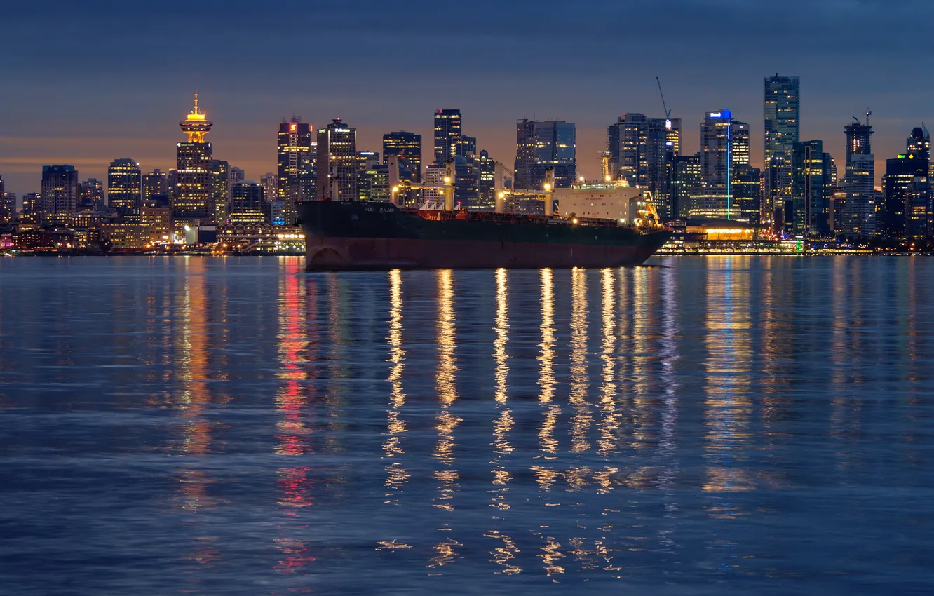 Photo wallpaper water, the city, lights, the ocean, ship, Bay, the evening, panorama