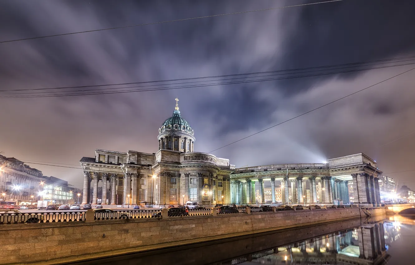 Photo wallpaper night, lights, The city, Peter, Cathedral, Russia, Kazan, St. Petersburg