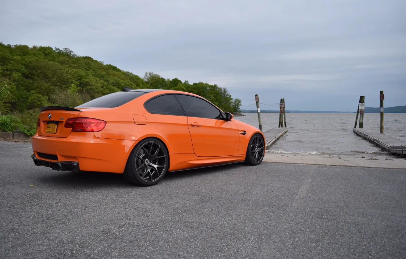 Photo wallpaper BMW, Orange, E92, Lake, Rear View, M3