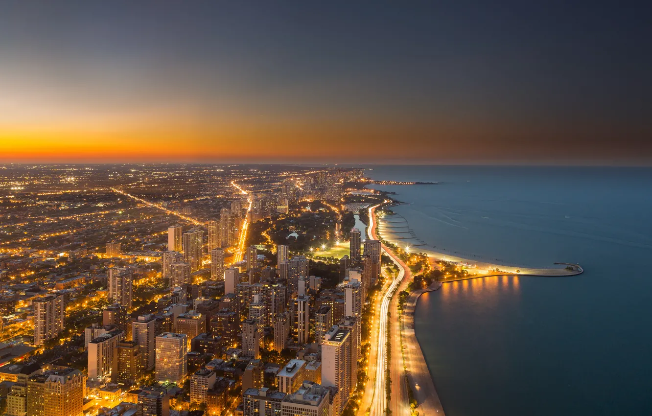 Photo wallpaper sunset, the city, lights, Chicago, USA, Illinois, panorama
