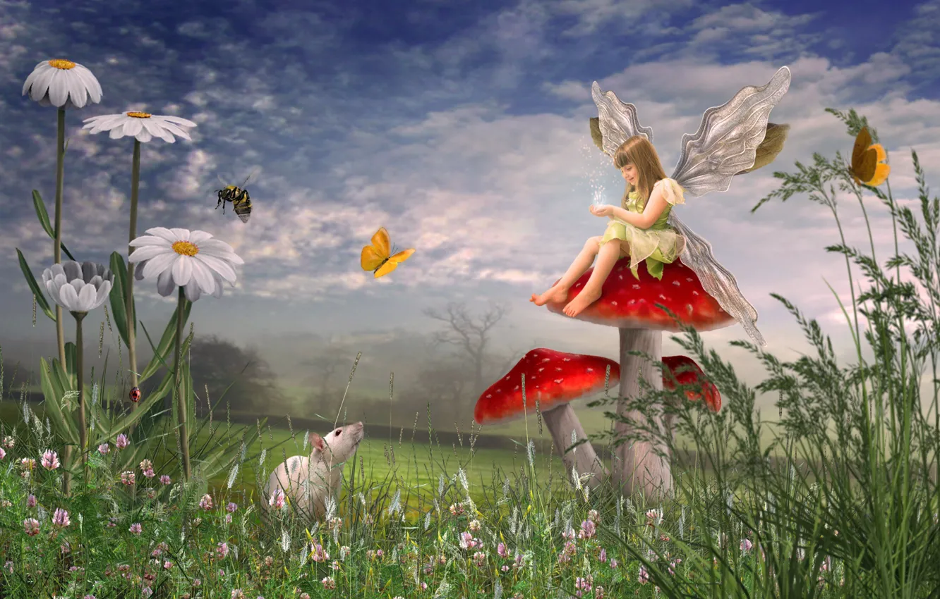 Photo wallpaper mushrooms, mouse, girl