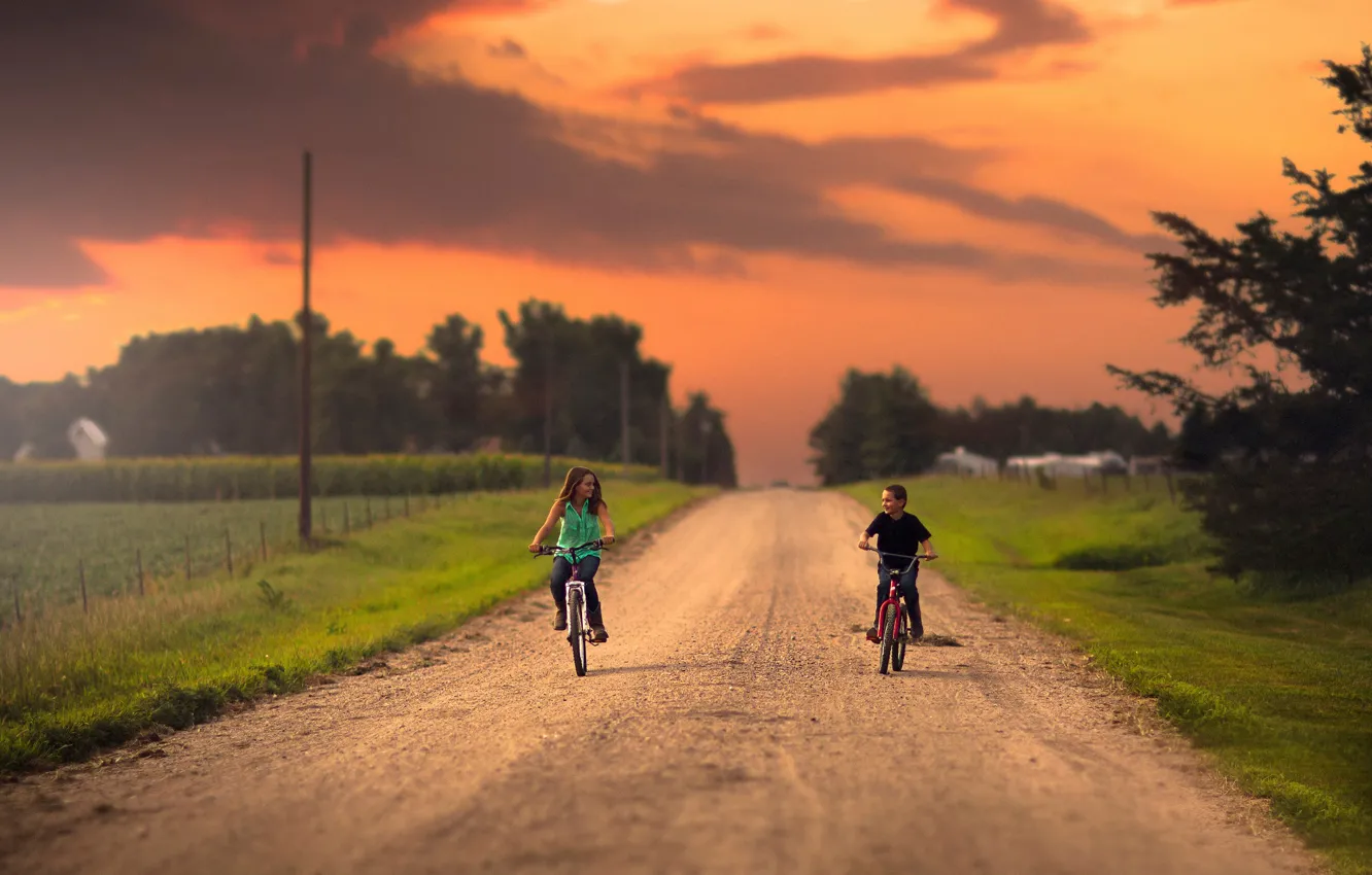 Photo wallpaper road, bike, boy, girl