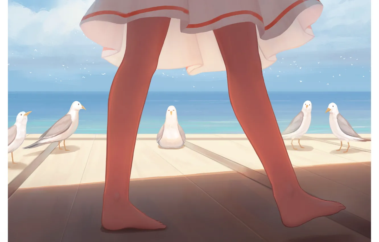 Photo wallpaper sea, girl, seagulls, legs