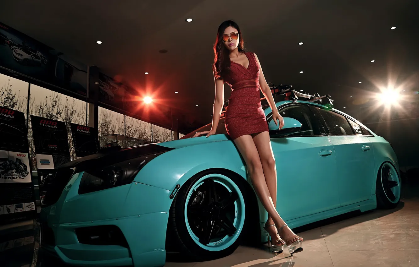 Photo wallpaper auto, look, Girls, Asian, beautiful girl, posing on the car, Dong fei