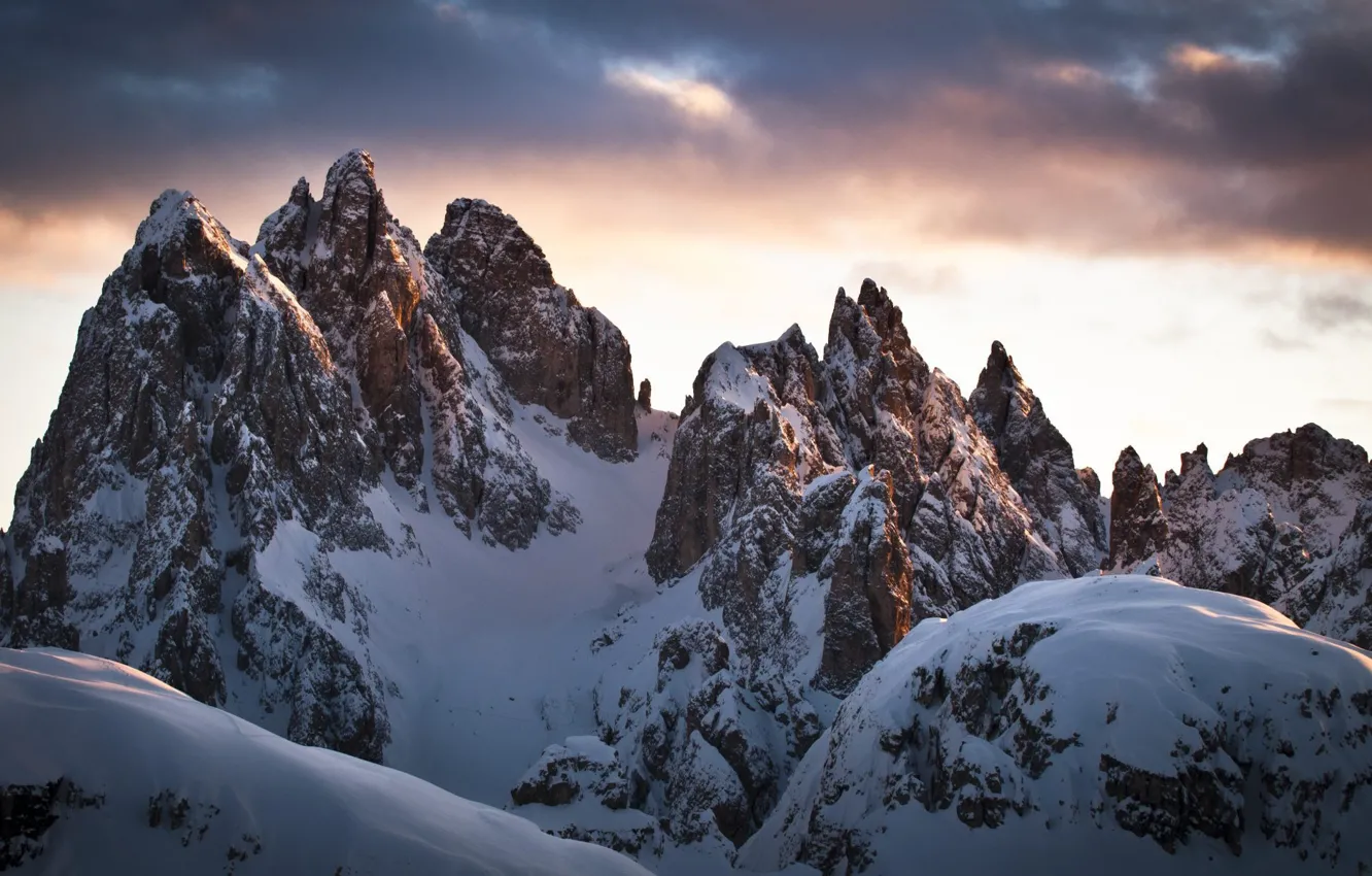 Photo wallpaper winter, the sky, clouds, snow, mountains, nature, rocks, The Dolomites
