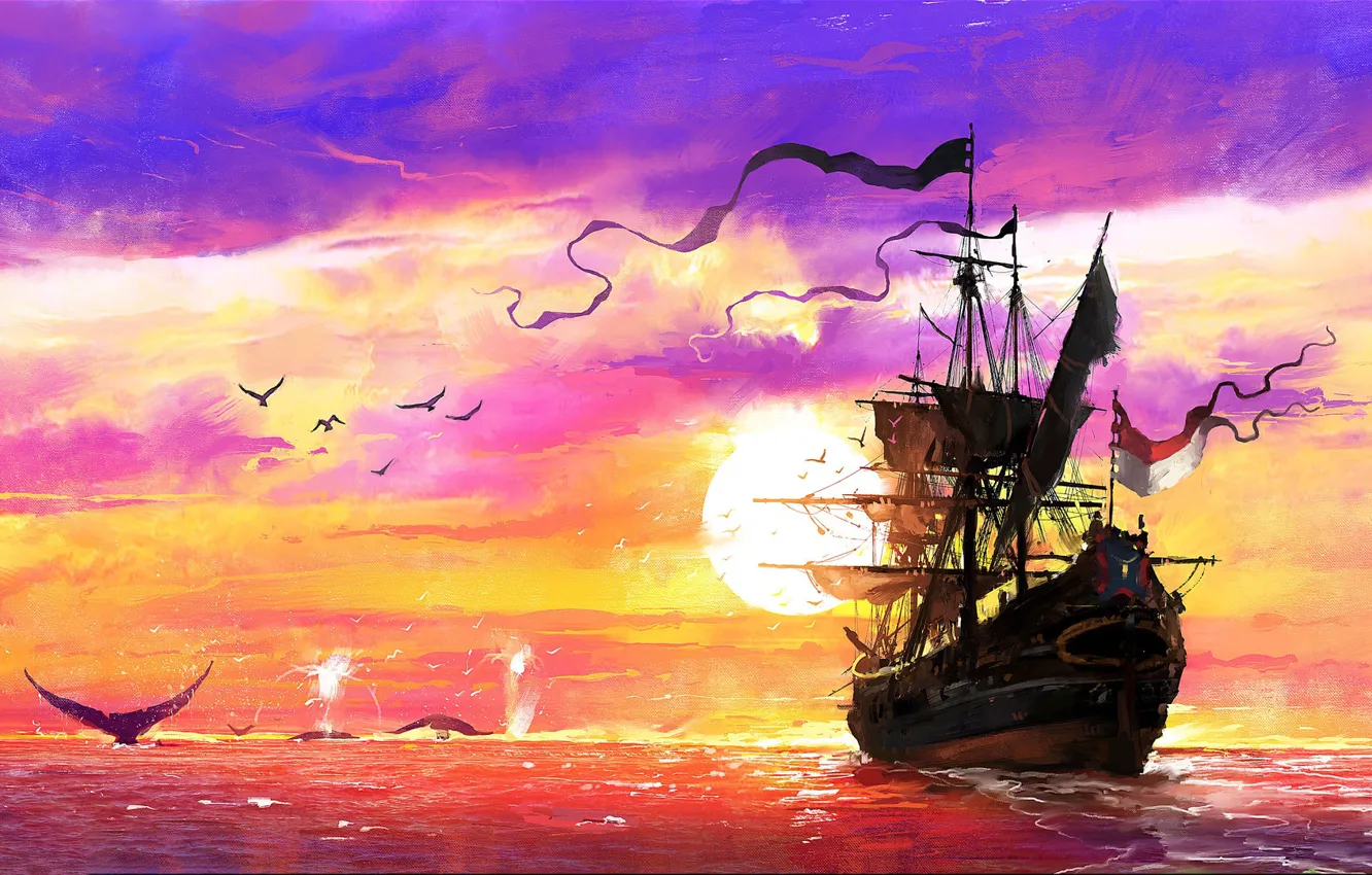 Photo wallpaper Sunset, The ocean, Sea, Ship, Kit, Whales, Concept Art, Dominik Mayer