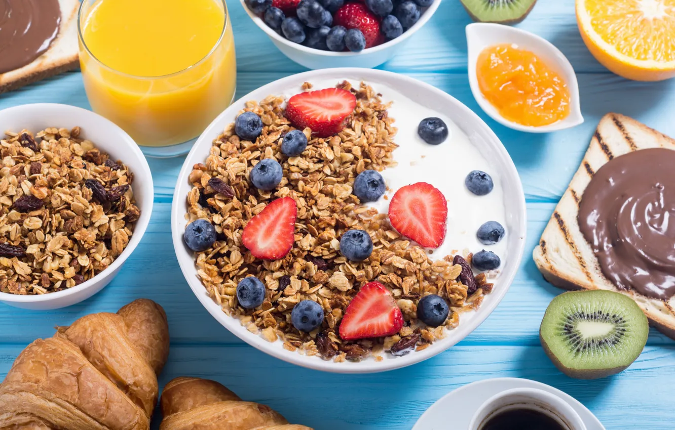 Photo wallpaper berries, coffee, food, Breakfast, juice, yogurt, orange, granola