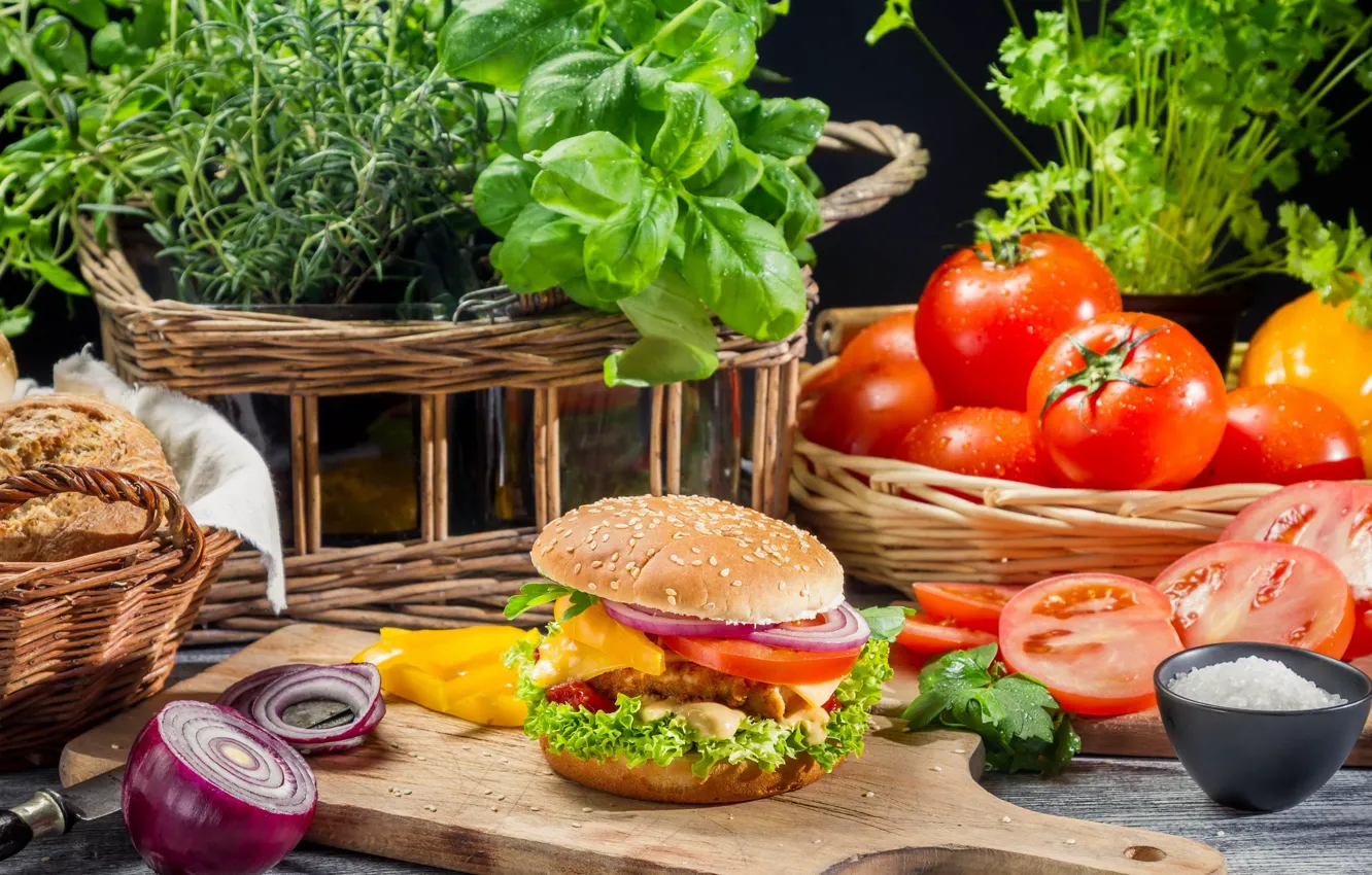 Photo wallpaper macro, food, Fresh vegetables as ingredients for homemade hamburger