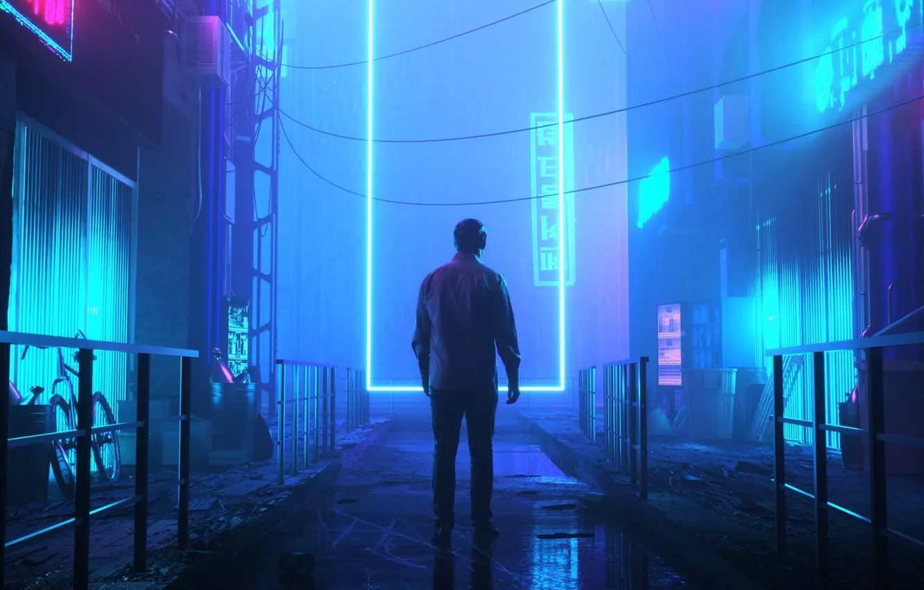Photo wallpaper night, style, rendering, fiction, people, neon, male, lane