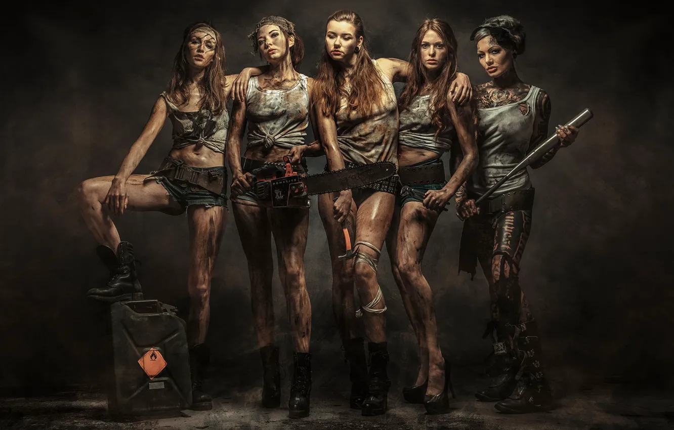 Photo wallpaper girl, dirty, canister, chainsaw, baseball bat, GASOLINAS